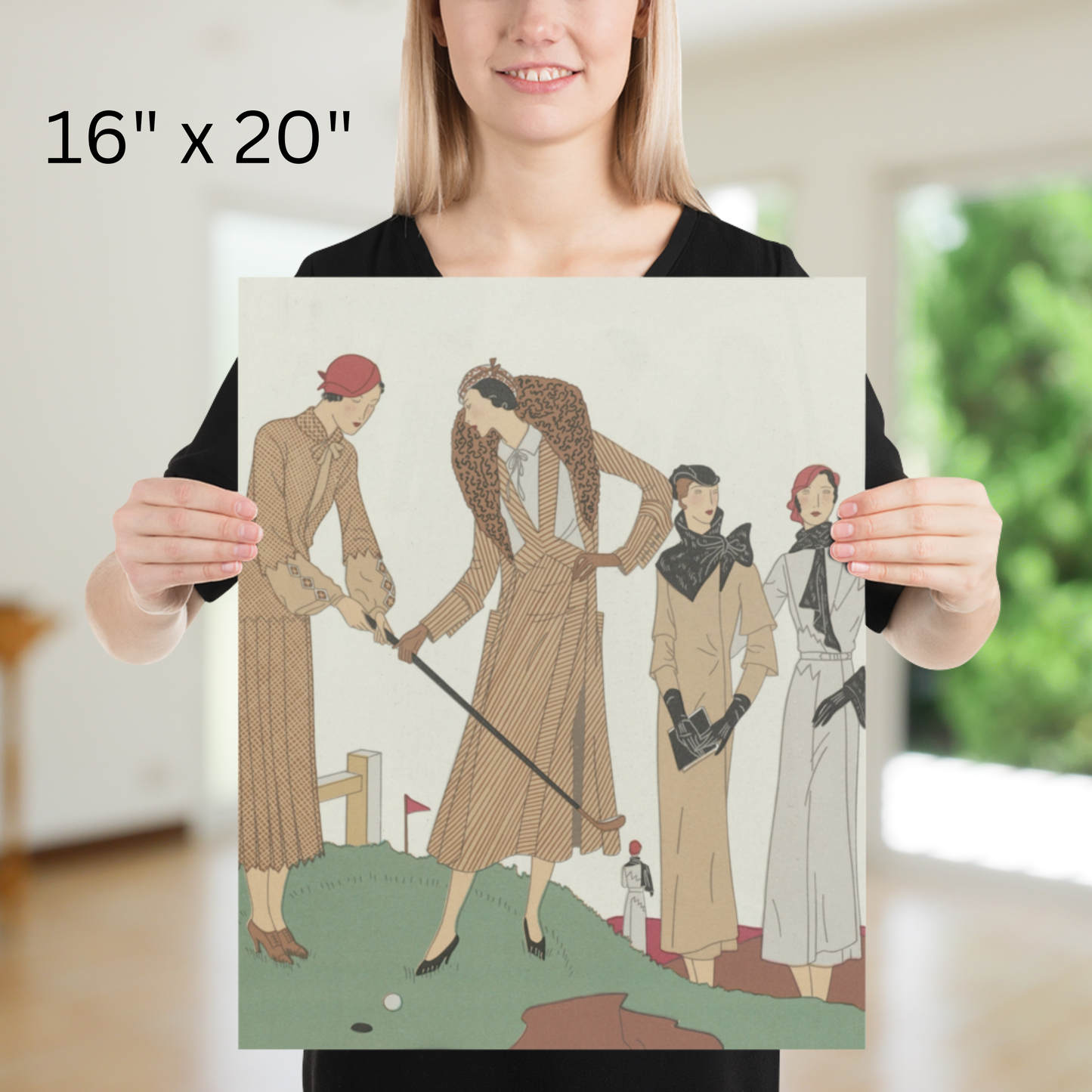 Fashionable Women Golfers Vintage Print - Art Deco Style in Neutral Tones