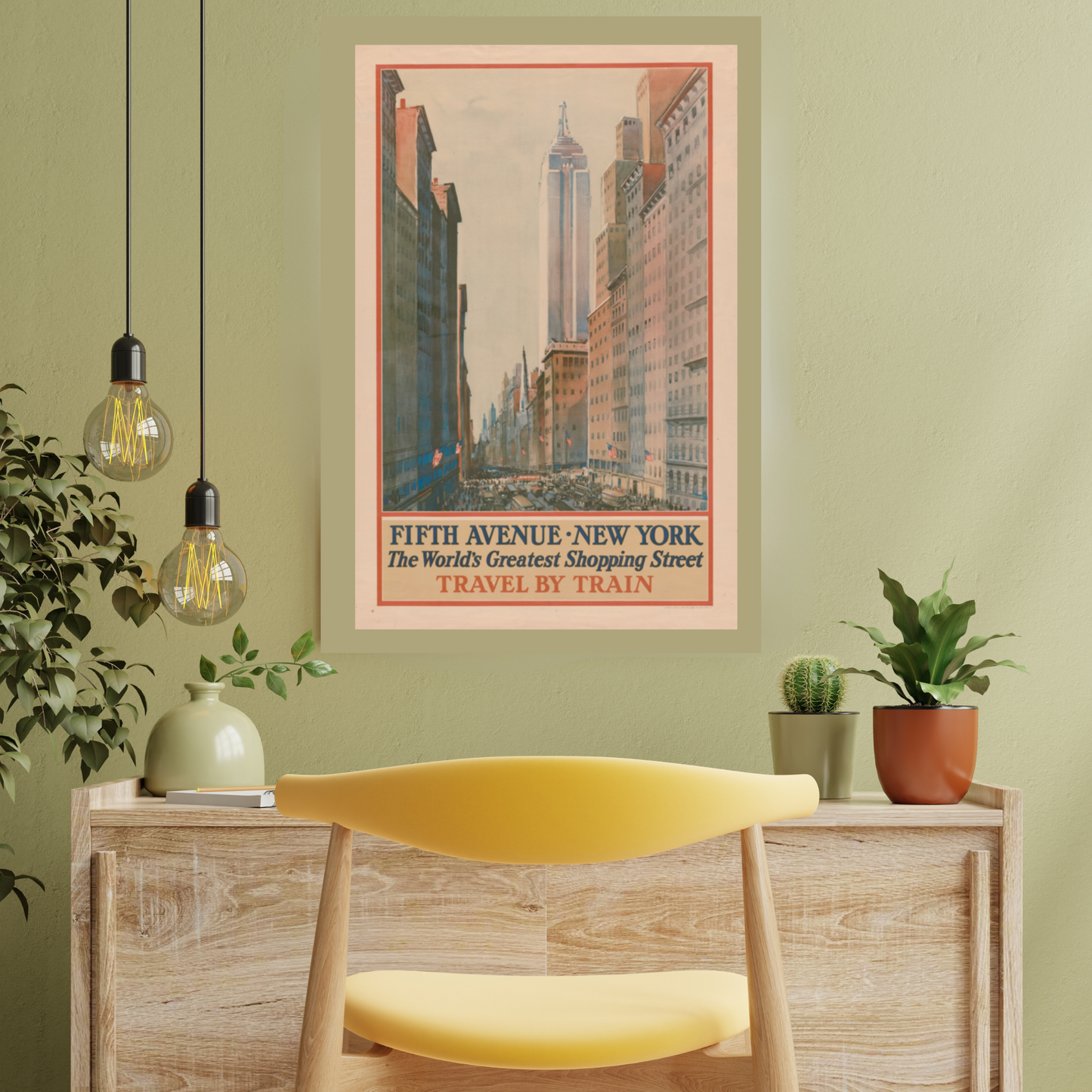 Fifth Avenue New York City - Vintage Travel Poster - Beige with Yellow & Red - Retro Poster Art in 12x18 or 24x36