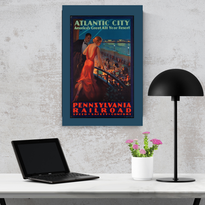 Atlantic City Casino Vintage Travel Poster - Pennsylvania Railroad Retro Art Deco - Vibrant Red, Blue, Black - 12x18 or 24x36