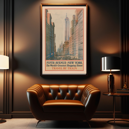 Fifth Avenue New York City - Vintage Travel Poster - Beige with Yellow & Red - Retro Poster Art in 12x18 or 24x36