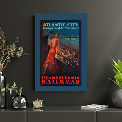 Atlantic City Casino Vintage Travel Poster - Pennsylvania Railroad Retro Art Deco - Vibrant Red, Blue, Black - 12x18 or 24x36