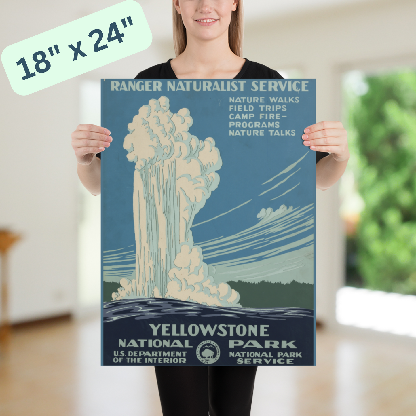 Yellowstone National Park Poster - Unframed - Old Faithful Geyser Vintage Print - Blue & White - 8x10, 16x20 - Art Deco Inspired Wall Art