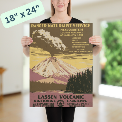 Lassen Volcanic National Park Poster - Unframed Mount Lassen Vintage Poster Print - Yellow, Brown - 8x10, 16x20 - Art Deco Style Wall Art