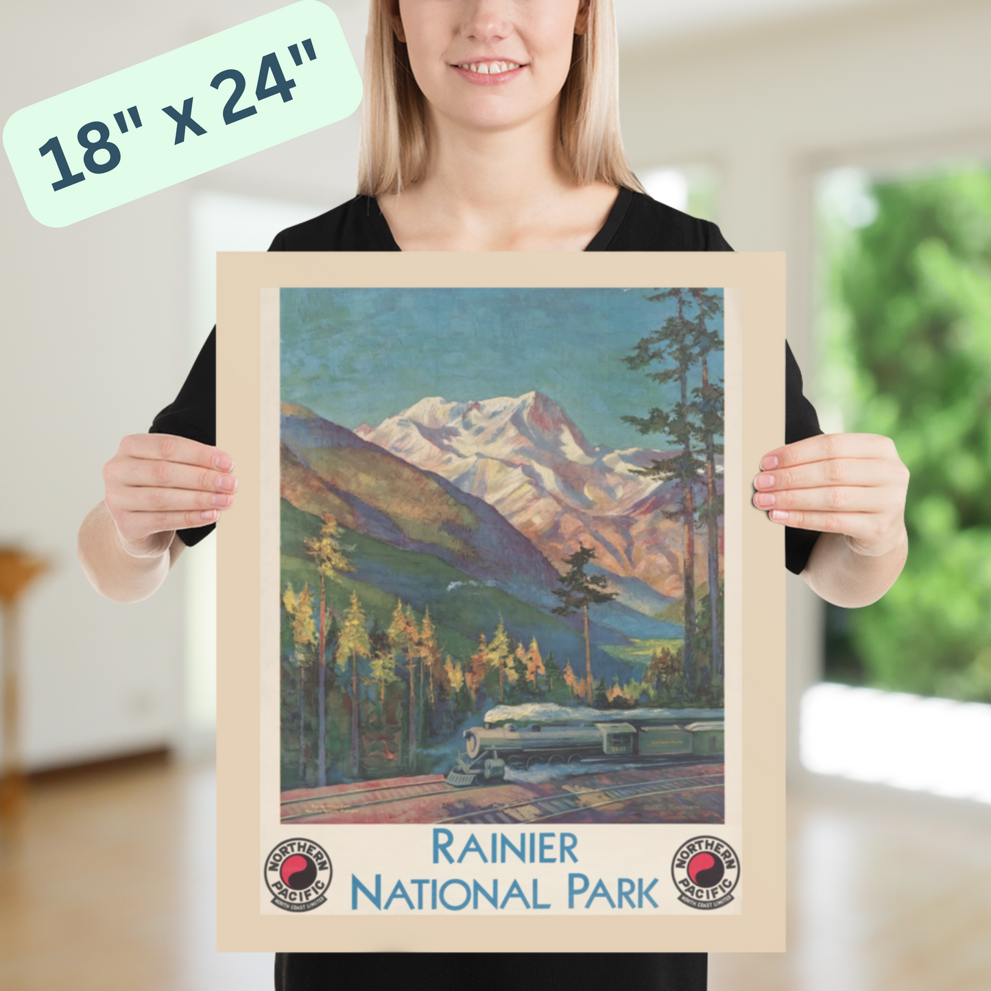 Mount Rainier National Park Vintage Poster - Unframed Art Deco National Parks Print - Beige, Brown, Golden, Blue, Auburn - 8x10, 16x20