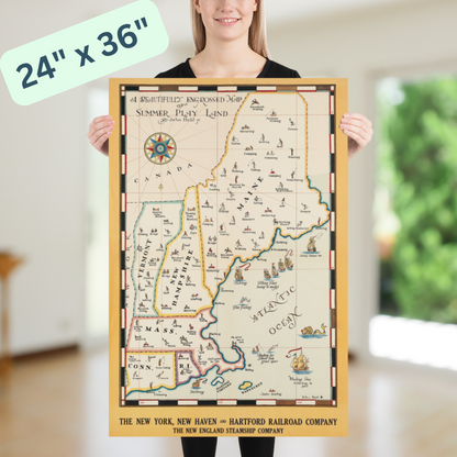 New England Summer Playland Vintage Travel Poster - Railroad & Steamship Map Art - Yellow and Beige - Available in 12x18 or 24x36