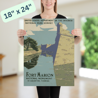 Fort Marion National Monument Vintage Poster - Subtle Beige, Green, Blue - National Park Art Print - 12x16, 18x24