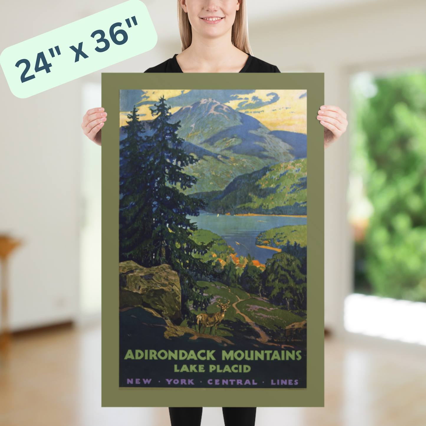 Lake Placid Adirondacks Vintage Travel Poster - New York Central Lines Railroad - Green & Blue Landscape Art - 12x18 or 24x36