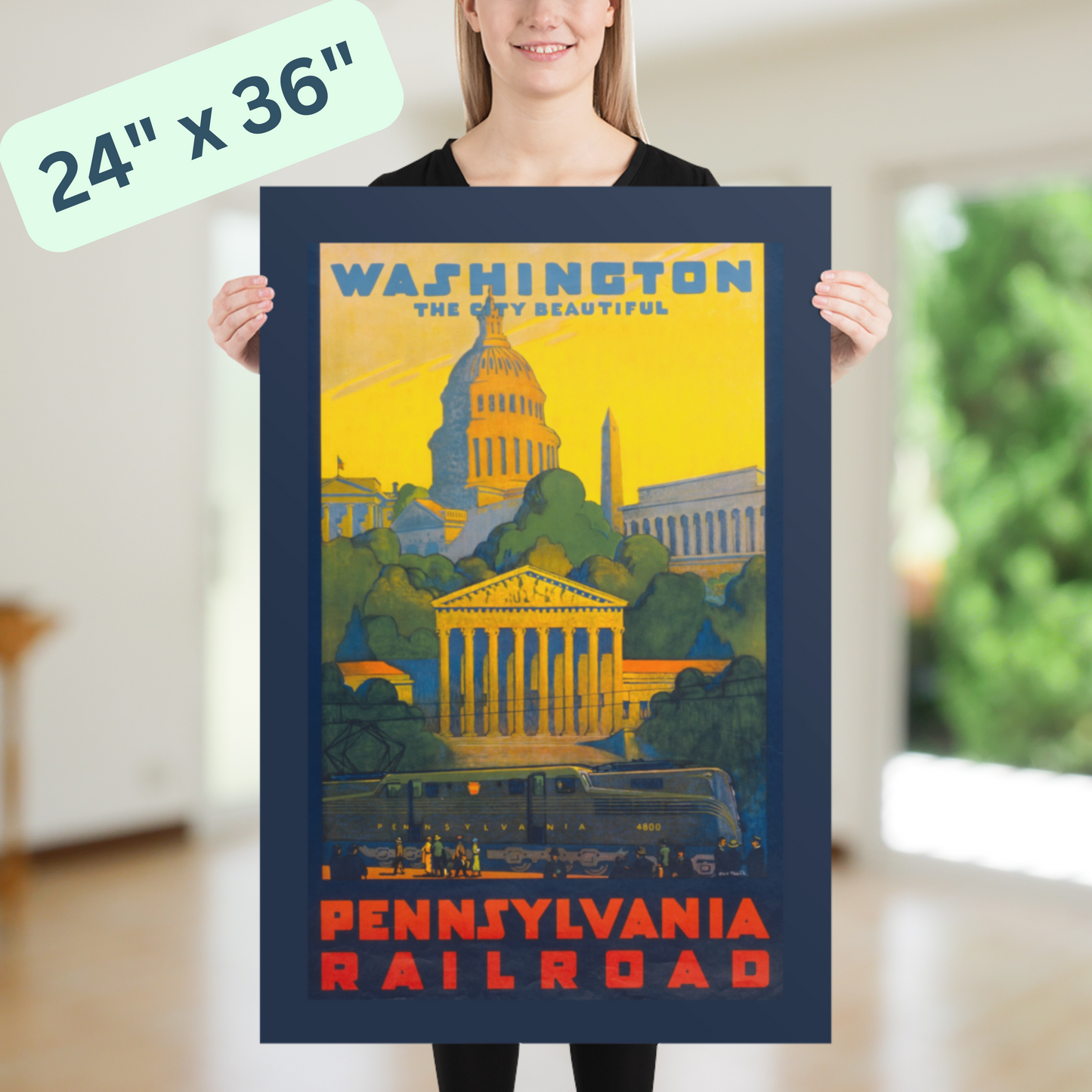 Washington DC Pennsylvania Railroad Vintage Travel Poster - Capitol Building, White House, Monuments - Yellow, Green, Red - 12x18 or 24x36