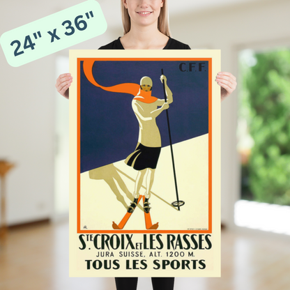 Vintage Ski Poster 'S. Croix et Les Rasses' - Elegant Art Deco Skiing Print, Retro Winter Sports & Travel Wall Art on Museum-Quality Paper