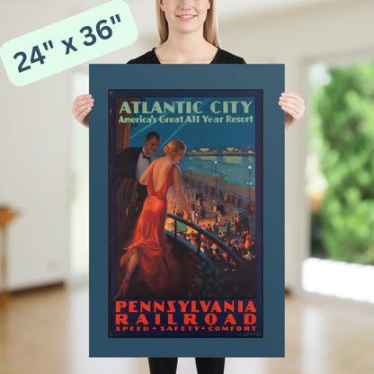 Atlantic City Casino Vintage Travel Poster - Pennsylvania Railroad Retro Art Deco - Vibrant Red, Blue, Black - 12x18 or 24x36