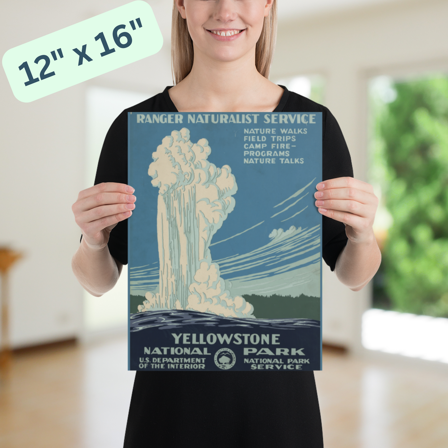 Yellowstone National Park Poster - Unframed - Old Faithful Geyser Vintage Print - Blue & White - 8x10, 16x20 - Art Deco Inspired Wall Art