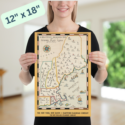 New England Summer Playland Vintage Travel Poster - Railroad & Steamship Map Art - Yellow and Beige - Available in 12x18 or 24x36