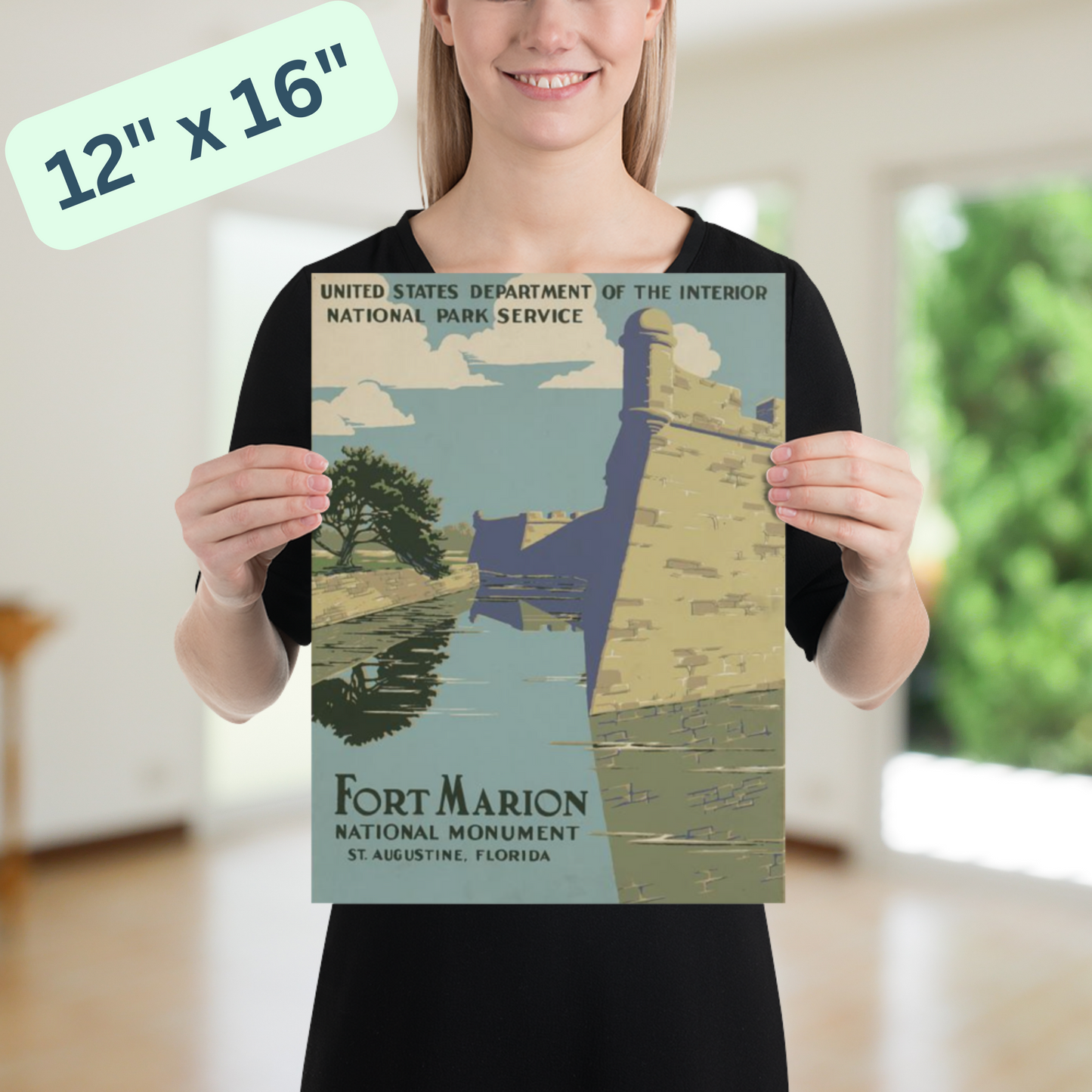 Fort Marion National Monument Vintage Poster - Subtle Beige, Green, Blue - National Park Art Print - 12x16, 18x24