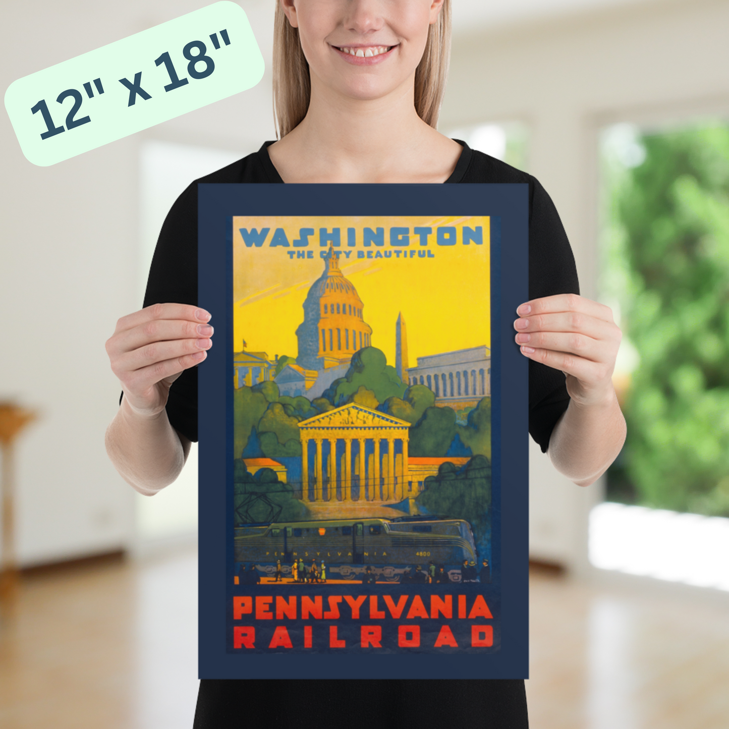 Washington DC Pennsylvania Railroad Vintage Travel Poster - Capitol Building, White House, Monuments - Yellow, Green, Red - 12x18 or 24x36