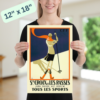 Vintage Ski Poster 'S. Croix et Les Rasses' - Elegant Art Deco Skiing Print, Retro Winter Sports & Travel Wall Art on Museum-Quality Paper