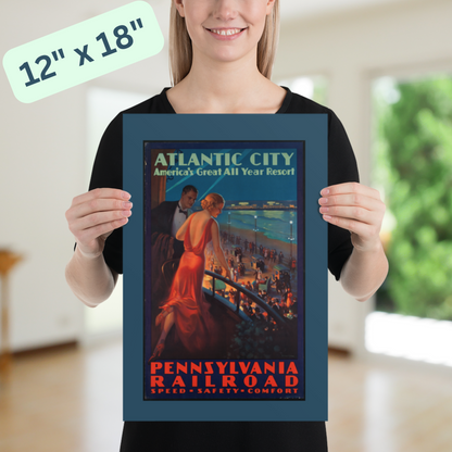 Atlantic City Casino Vintage Travel Poster - Pennsylvania Railroad Retro Art Deco - Vibrant Red, Blue, Black - 12x18 or 24x36