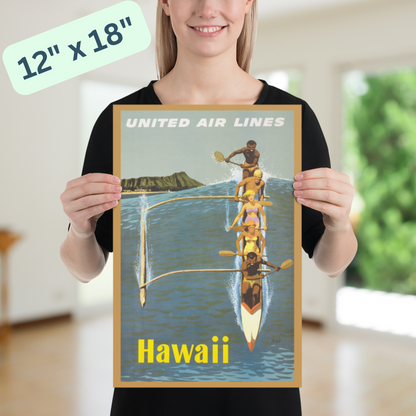 Vintage Travel Poster - Hawaii Outrigger Canoe United Air Lines - Classic Airline Posters - Blue, Yellow, Golden Brown - 12x18 or 24x36