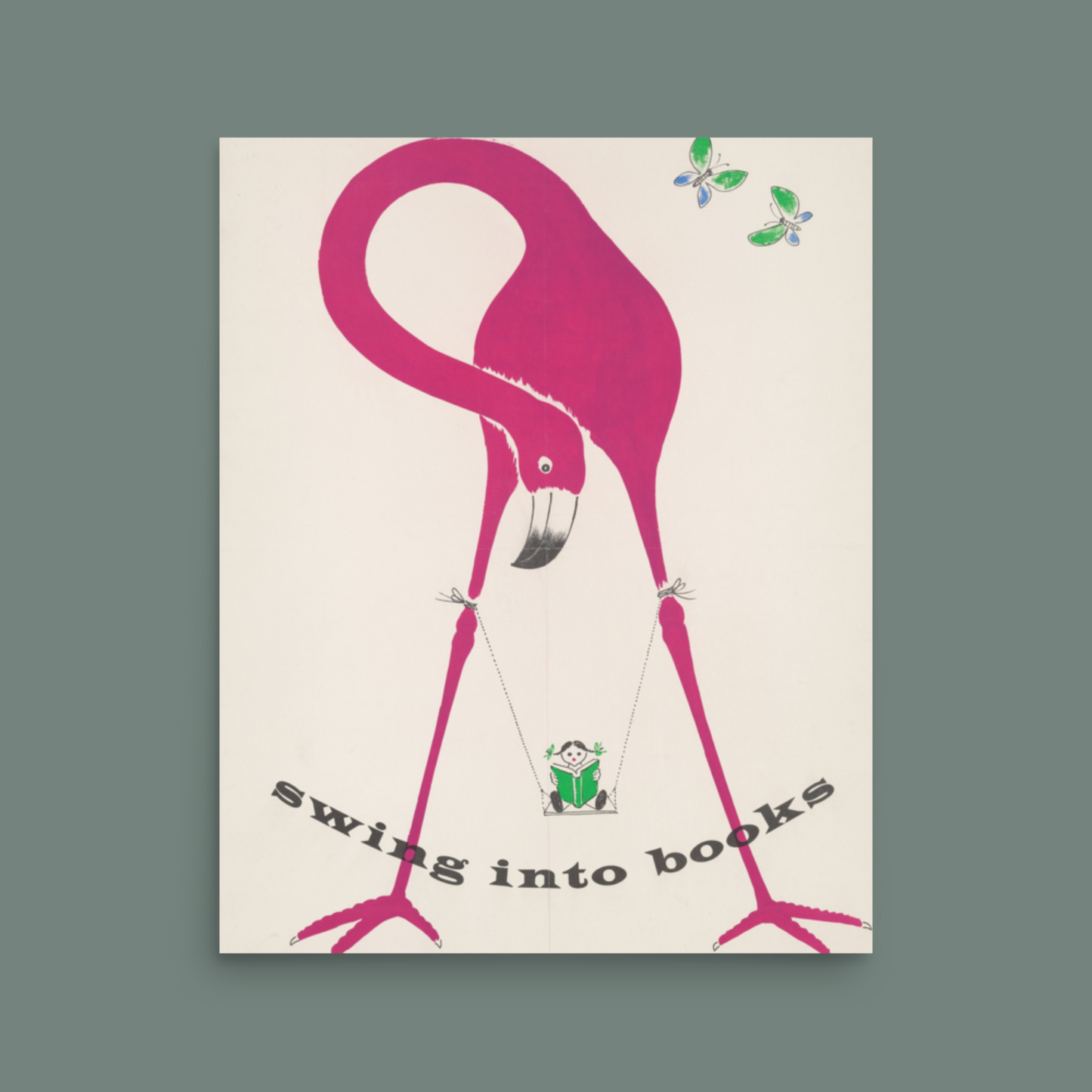 Swing Into Books - Vintage Reading Poster with Flamingo - 8x10, 16x20 - Ideal for Book Lovers and Home Libraries