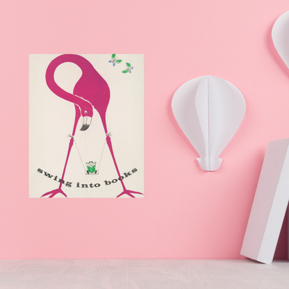 Swing Into Books - Vintage Reading Poster with Flamingo - 8x10, 16x20 - Ideal for Book Lovers and Home Libraries