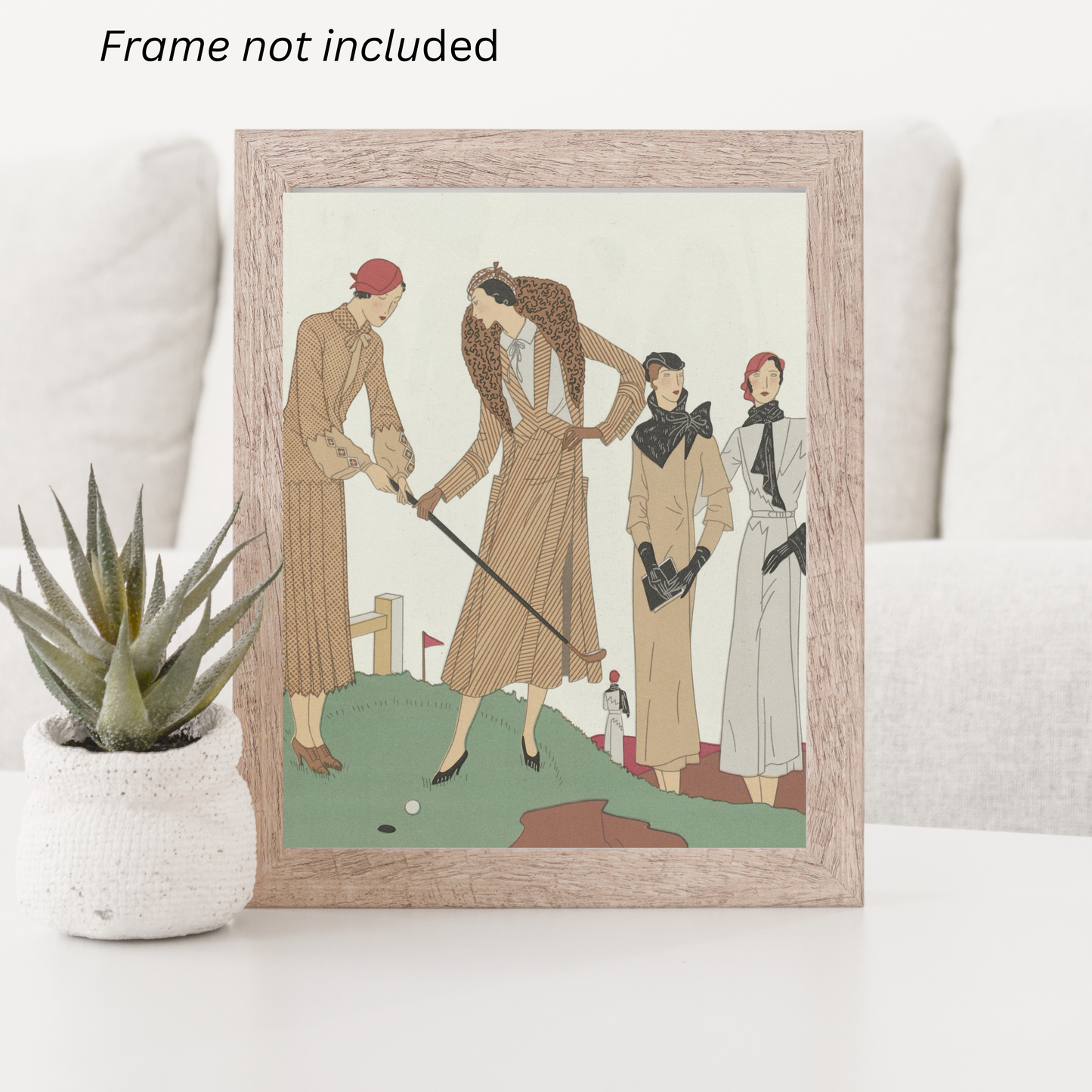 Fashionable Women Golfers Vintage Print - Art Deco Style in Neutral Tones