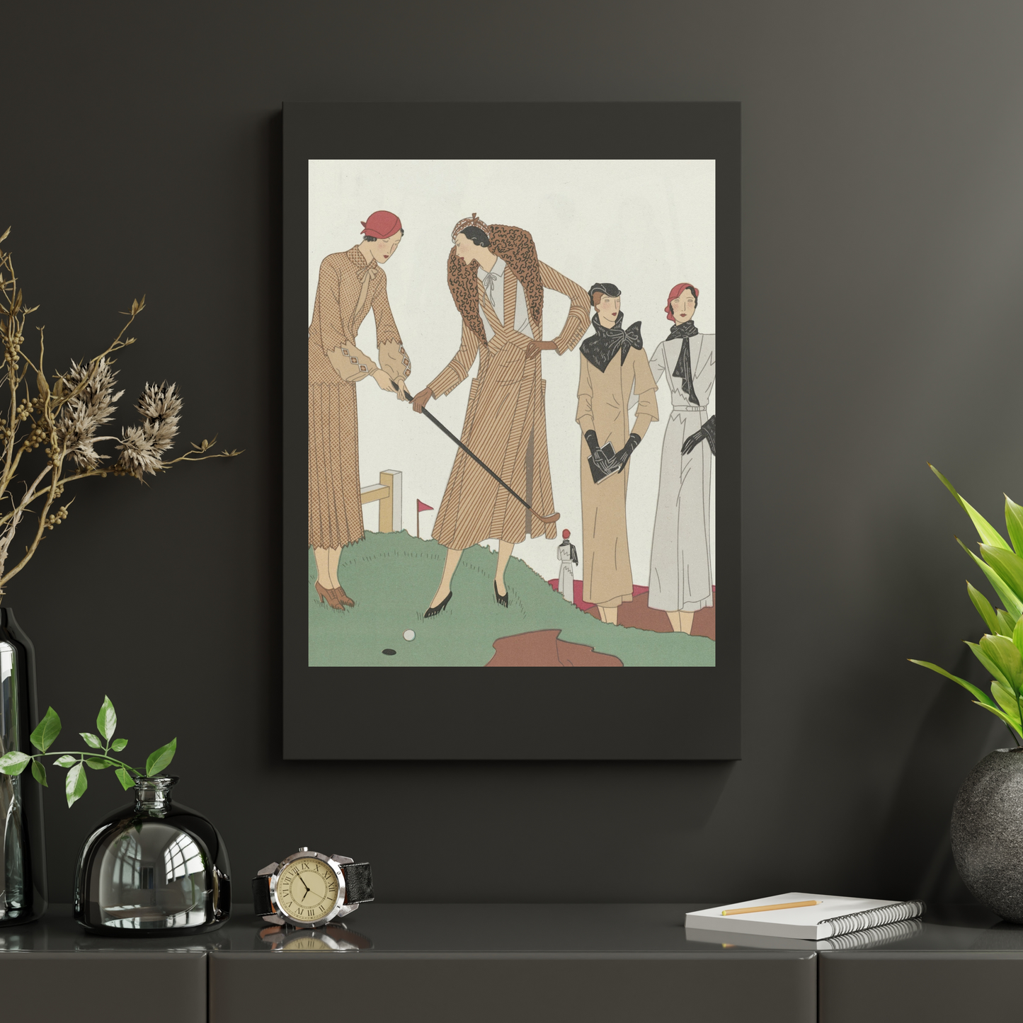 Fashionable Women Golfers Vintage Print - Art Deco Style in Neutral Tones