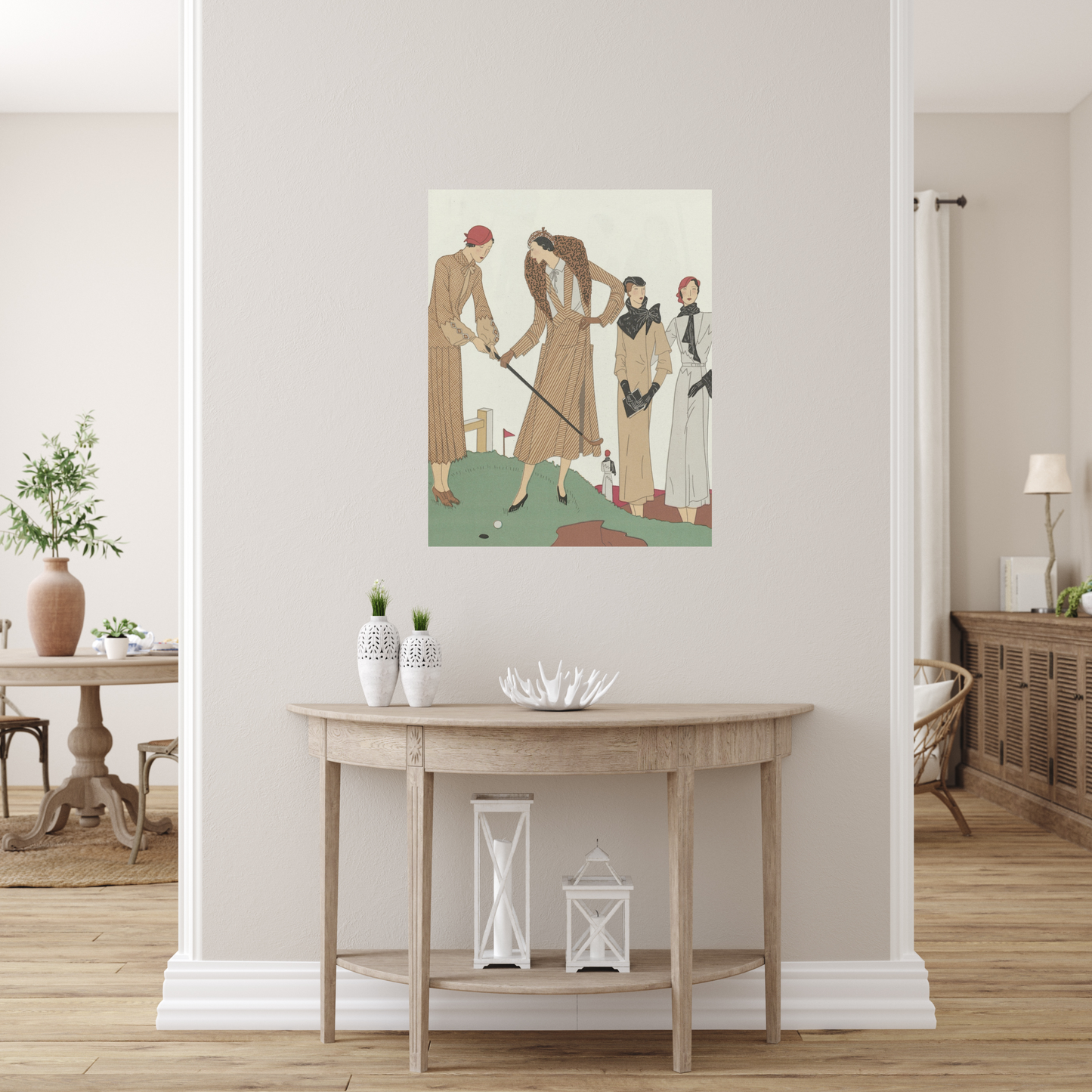 Fashionable Women Golfers Vintage Print - Art Deco Style in Neutral Tones