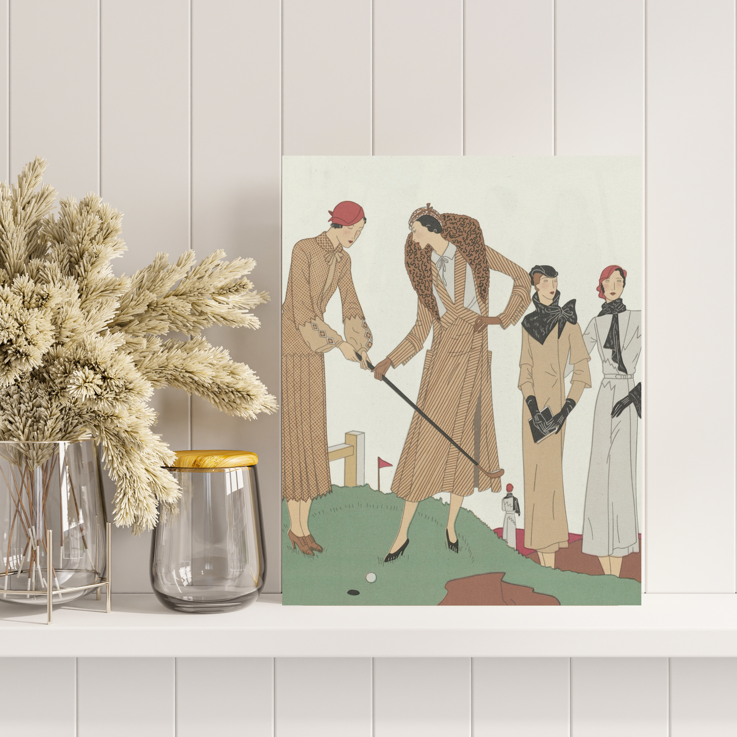 Fashionable Women Golfers Vintage Print - Art Deco Style in Neutral Tones