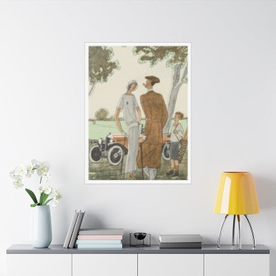 Vintage Golfing Couple with Caddy Unframed Poster - Art Deco Fashion Poster in Browns and Greens - 8x10, 16x20 - Classic Golf Gift