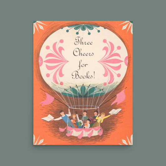 Three Cheers for Books - Vintage Reading Poster - Pink Air Balloon on Coral Background - 8x10, 16x20 - Perfect Gift for Book Lovers