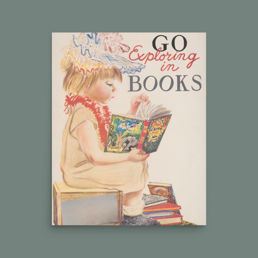 Go Exploring in Books - Vintage Reading Poster - Little Girl in Beige and Red - 8x10, 16x20 - Inspiring Wall Art for Book Lovers