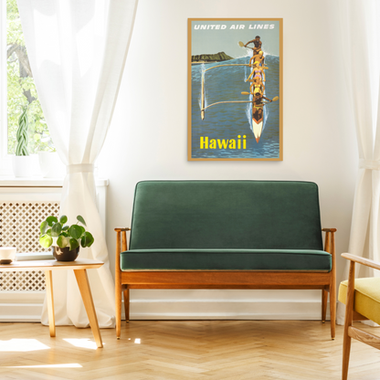 Vintage Travel Poster - Hawaii Outrigger Canoe United Air Lines - Classic Airline Posters - Blue, Yellow, Golden Brown - 12x18 or 24x36