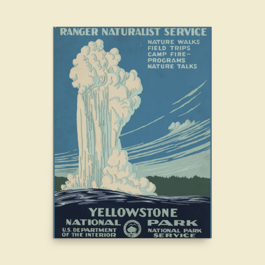 Yellowstone National Park Poster - Unframed - Old Faithful Geyser Vintage Print - Blue & White - 8x10, 16x20 - Art Deco Inspired Wall Art