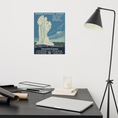 Yellowstone National Park Poster - Unframed - Old Faithful Geyser Vintage Print - Blue & White - 8x10, 16x20 - Art Deco Inspired Wall Art