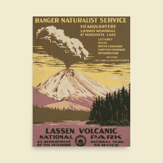 Lassen Volcanic National Park Poster - Unframed Mount Lassen Vintage Poster Print - Yellow, Brown - 8x10, 16x20 - Art Deco Style Wall Art