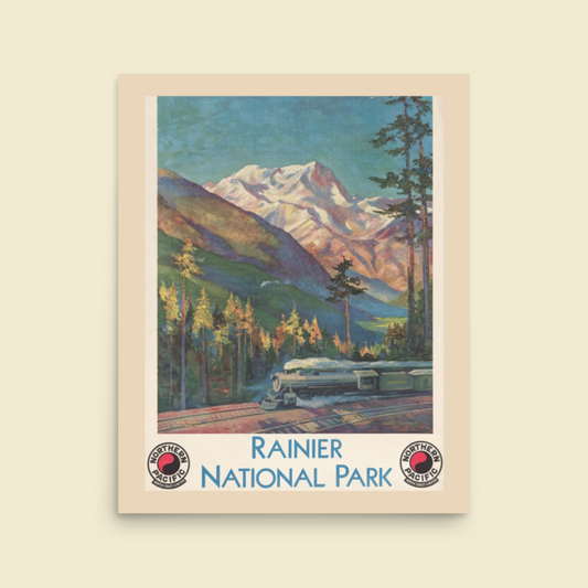 Mount Rainier National Park Vintage Poster - Unframed Art Deco National Parks Print - Beige, Brown, Golden, Blue, Auburn - 8x10, 16x20