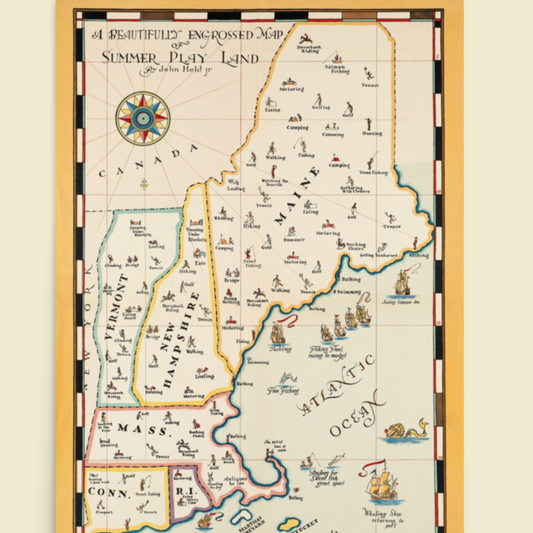 New England Summer Playland Vintage Travel Poster - Railroad & Steamship Map Art - Yellow and Beige - Available in 12x18 or 24x36