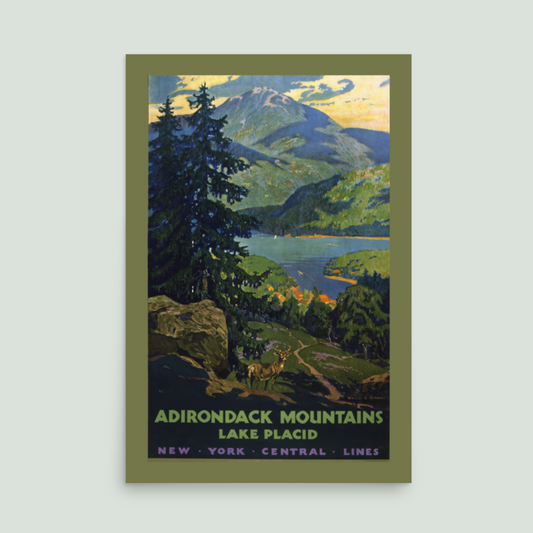 Lake Placid Adirondacks Vintage Travel Poster - New York Central Lines Railroad - Green & Blue Landscape Art - 12x18 or 24x36