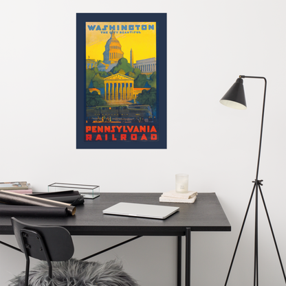 Washington DC Pennsylvania Railroad Vintage Travel Poster - Capitol Building, White House, Monuments - Yellow, Green, Red - 12x18 or 24x36