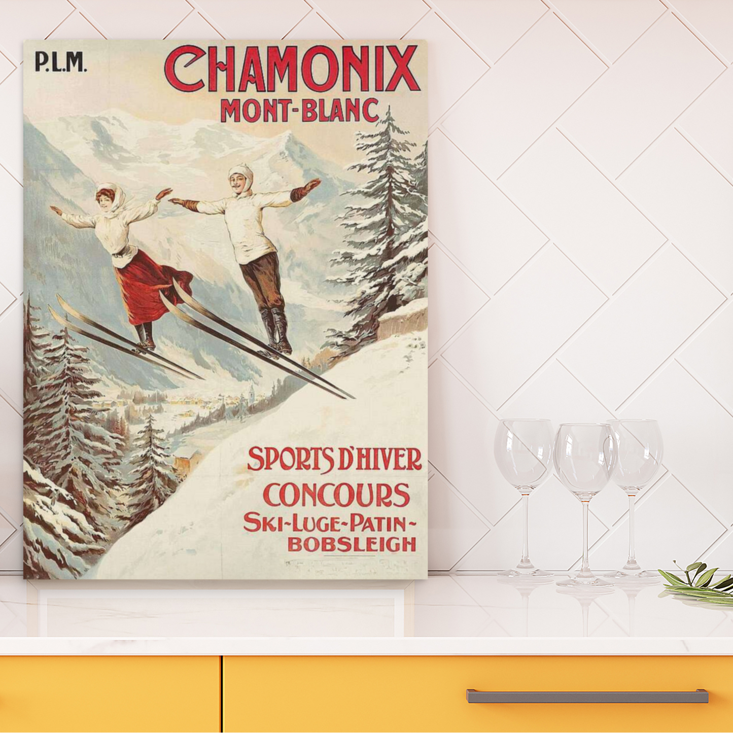 Chamonix Mont-Blanc Vintage Ski Poster - Dynamic Art Deco Skiing Print, Retro Winter Sports & Travel Wall Art, Museum-Quality Paper