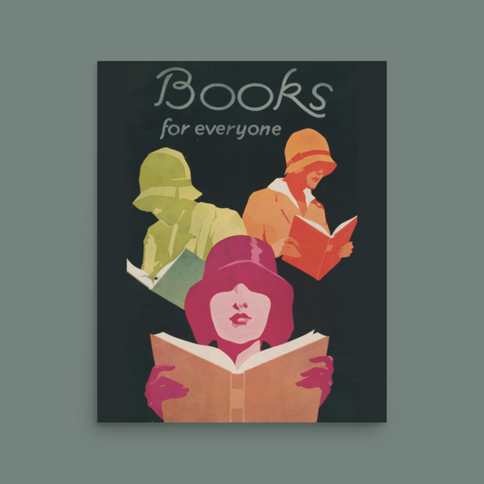 Books for Everyone - Art Deco Vintage Reading Poster - 8x10, 16x20 - Vibrant Orange, Pink, Green on Black - Perfect for Book Lovers