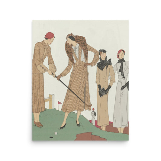 Fashionable Women Golfers Vintage Print - Art Deco Style in Neutral Tones