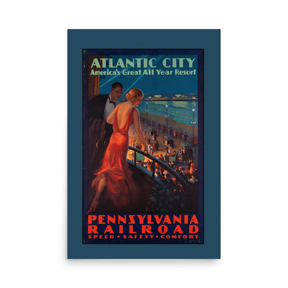 Atlantic City Casino Vintage Travel Poster - Pennsylvania Railroad Retro Art Deco - Vibrant Red, Blue, Black - 12x18 or 24x36